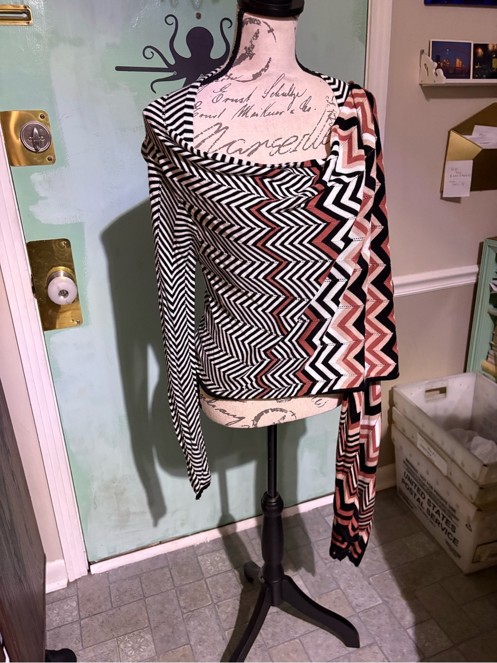 S Love Stitch Boho Chevron Knit Long Cardigan Duster Sweater Black Orange